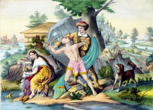 Daniel Boone protège sa famille : Daniel Boone, pionnier américain (1734 - 1820) tuant un Indien qui attaque sa famille avec une hache. Gravure du 19e siècle - Unknown artist