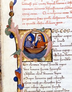 Dante Alighieri : Divina Commedia (Divine Comédie) incipit du Purgatoire. Dante et Virgile. manuscrit du 14e siècle. Milan bibl. Trivulziana - Unknown artist