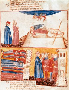 Dante et Virgile rencontrent les âmes des morts violentes. Page enluminée illustrant un chant de l