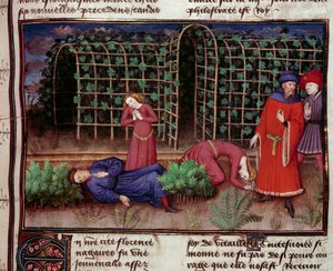 La Mort. Deux personnes tuées par la mort. Miniature du "Décaméron" par Jean Boccace 1450. Paris, Bibliothèque de l