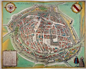 Carte détaillée de la ville de Strasbourg réalisée par Abraham Hogenberg. Gravure du XVIIe siècle
