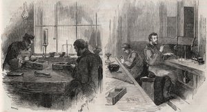 Taille de diamants dans un atelier aux Pays-Bas : fendeurs et polisseurs - Gravure dans « Le Monde Illustré ». - Unknown artist
