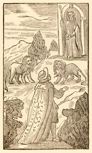 La difficulté est derrière, la peur est devant de The Pilgrims Progress From This World, To That Which Is To Come par John Bunyan (1628-1688) Le chrétien passe entre les lions tandis que le portier vigilant observe