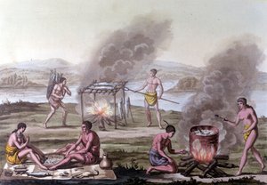 Scène de repas et de cuisine chez les Indiens de Floride. Gravure du 17e siècle. - Unknown artist