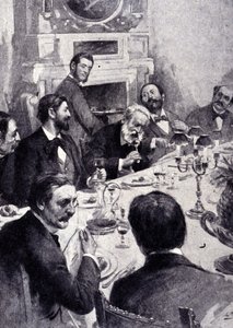 Dîner à la table de Victor Hugo avec Jean Mounet-Sully (1841 - 1916), acteur français. Gravure du 19ème siècle.