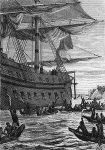 Découverte des Indes : voyage de Wallis dans le Pacifique ; Peuples autochtones allant à la rencontre des colons, dans « Les Voyageurs du 18ème et 19ème siècle », par Jules Verne, éd. Hetzel et Cie, Paris. - Unknown artist
