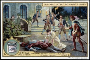 Donna Anna découvre son père mort - « Il ne respire plus ! Soins superflus ! Que faire ? Pauvre père ! - Acte I, scène 4 de Don Juan (Don Giovanni), opéra de Mozart (1756-1791) - Chromolithographie Liebig - Unknown artist