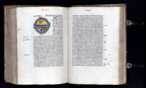 Double page avec la carte schématique du monde sur le modèle T-O, trois continents sont représentés (Asie, Afrique et Europe). Manuscrit « Ethymologies » (Etymologiae) d