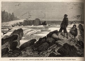 Le Dr Hayes, arrive à la mer libre du pôle Arctique, le but de son expédition, plante la bannière étoilée américaine. Gravure pour illustrer le voyage vers la mer libre du pôle Arctique, par le Docteur Hayes, chirurgien de la Marine des États-Unis, en 1860