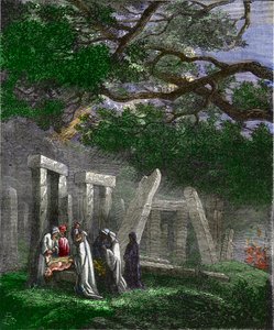 Sacrifice humain par les druides à Stonehenge arrêté par les soldats romains - Gravure en couleur du 19ème siècle - Unknown artist