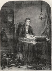 Le duc de Wellington (Arthur Wellesley (1769-1852)) écrivant une dépêche après Waterloo, 19 juin 1815 - gravure de 1852 - Unknown artist