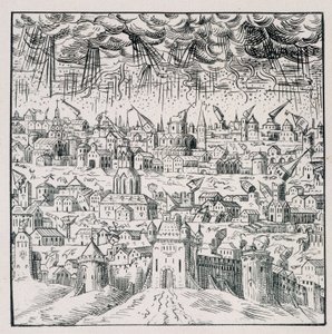 Tremblement de terre à Baden - dans "Recueil de 39 figures représentant les calamités de la France de 1562 à 1586"; imprimerie Louis Perrin - Unknown artist