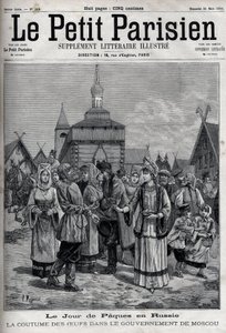 Jour de Pâques en Russie : la coutume des œufs dans le gouvernement de Moscou. Habitants offrant des œufs rouges pour célébrer la résurrection du Christ. Gravure dans "Le Parisien" - Unknown artist