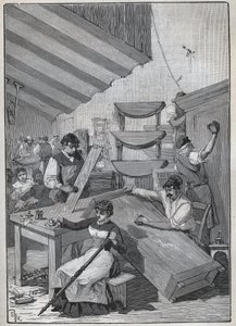 Ébénisterie : atelier de vernissage au tampon. Gravure de 1885 dans « Les arts et métiers illustrés » par Adolphe Bitard.