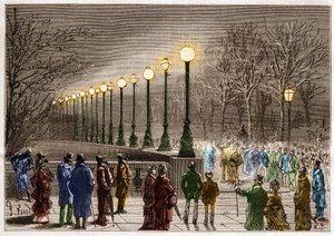 Éclairage électrique : lampadaires du quai Victoria à Londres, Grande-Bretagne. Gravure dans « La Nature »