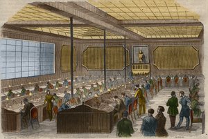 Télégraphie électrique : vue de la station centrale des lignes télégraphiques au ministère de l