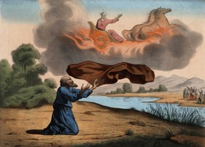 Élie élevé au ciel laisse son manteau à Élisée en signe de succession. Les deux prophètes se rendaient à Jéricho lorsque Élie fut emporté par un char de feu tiré par des chevaux de feu, envoyé par Dieu, dans un ciel orageux. Gravure anonyme du milieu du 19 - Unknown artist