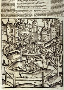 Énéide de Virgile (70 av. J.-C.-19 av. J.-C.), Livre XII, le héros troyen Énée tue Turnus dans une bataille sous les yeux des Latins et des Rutules. Xylographie de Sebastian Brant (1458-1521). Strasbourg - Unknown artist