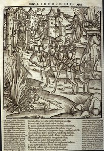 Énéide de Virgile (70 av. J.-C.-19 av. J.-C.), livre XIII (supplément), les héros troyens Énée reçoivent les Latins, des sacrifices sont faits en l