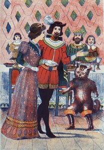 Fiançailles du marquis de Carabas et de la fille du roi. Illustration pour « Le Chat Botté », conte de Charles Perrault (1628-1703), écrivain français. Illustration anonyme. Imagerie Marcel Vagne, Jarville Nancy, sans date (fin XIXe siècle) - Unknown artist