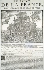 Gravure sur bois. Pamphlet politique Mazarinade : "Le salut de la France, dans les bras de la Ville de Paris" A - Le bon génie de la France, consumant sa majesté (Louis XIII) dans sa flotte royale, B - Prince de Conty, C - Duc de Bouillon et de la Motte-Ha