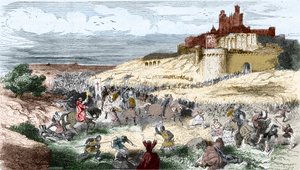 Gravure : Croisade contre les Cathares - Albigeois - Prise de Béziers le 21 juillet 1209 par Simon de Montfort (Simon IV, comte de Montfort) les 7000 habitants sont massacrés et la ville pillée et brûlée - Gravure dans "Histoire De France En Cent Tableaux"