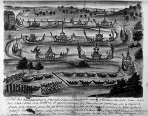 Entrée des ambassadeurs français dans le fleuve Siam - dans "Voyages du royaume de Siam, historiques de 1688".