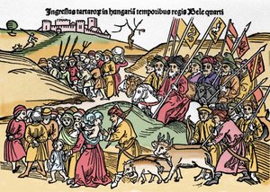 Entrée des Tartares en Hongrie sous le règne de Béla IV. Gravure de « Chronica Hungariae ». Biblioteca Marciana, Venise - Unknown artist