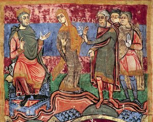 Épisode de la vie de Sainte Radegonde (Radegundis) de Poitiers (519-587), épouse de Clotaire Ier, roi des Francs : Radegonde est conduite par le roi Clotaire Ier. Miniature d