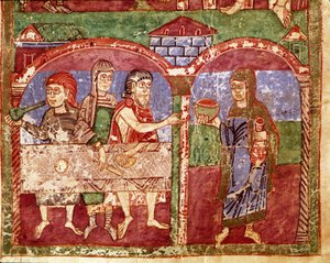 Épisode de la vie de Sainte Radegonde (Radegundis) de Poitiers (519-587), épouse de Clotaire Ier, roi des Francs : Radegonde lors de ses œuvres de charité sert à la table des pauvres. Miniature d