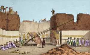 Fouilles de Ninive - Les ruines de Nimrud par Henri Layard (après son voyage en Mésopotamie au XIXe siècle); remplacement du grand taureau ailé - L