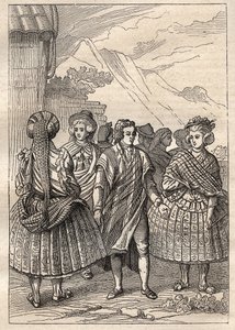 Expédition autour du monde (1785-1788) de Jean François Galaup de La Pérouse (1741-1788) : costumes des habitants de la Concepción (Chili) - illustration tirée de « Les grands marins du XVIIIe siècle »