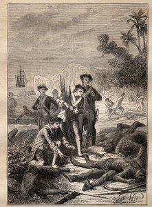 Expédition de Jean François de Surville (1717-1770) dans les mers du Sud (1769-1770) : les marins de Surville rassemblent les armes des indigènes morts pendant la bataille (Nouvelle-Irlande, Papouasie-Nouvelle-Guinée) - illustration tirée de "Les Grands Na