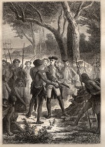 Expédition de Nicolas Thomas Marion-Dufresne (1729-1772) : Marion débarqua dans la baie de Frederick Henry (Tasmanie) et reçut un brandon enflammé des indigènes - illustration tirée de 
