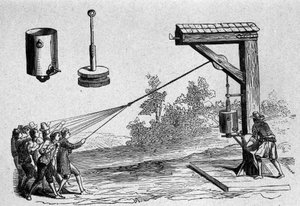 Expérience réalisée en présence du prince Auerberg sur le vide pneumatique par le scientifique allemand Otto von Guericke pour calculer la pression atmosphérique en 1654. Planche tirée de « Ottonis de Guericke : Experimenta Nova Magdeburgica de vacuo spati