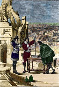 Expérience de Blaise Pascal avec un baromètre à mercure au sommet de la Tour Saint-Jacques la Boucherie à Paris.