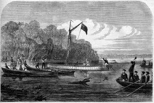 Exploration du journaliste Henry Morton Stanley (1841-1904) à la recherche du Dr David Livingstone (1813-1873), médecin et explorateur britannique en Afrique australe. Gravure dans « L