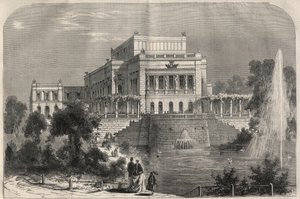 Vue extérieure du nouveau théâtre de Leipzig, Allemagne. Gravure dans "L