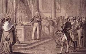 Ferdinand Ier de Bourbon ou Ferdinand IV (1751 - 1825), roi de Naples, inaugure la constitution de 1820 - dans « Storia d