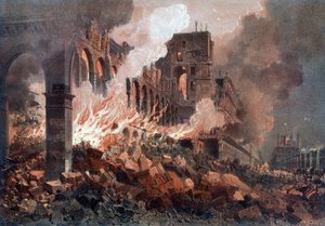 Incendie du Ministère des Finances (aux Tuileries) le 24 mai 1871 - lithographie, fin 19e siècle