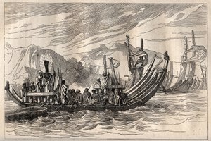 Premier voyage (1768-1771) du capitaine James Cook (1728-1779) : la flotte de Tahiti rassemblée à Oparee - illustration tirée de « Les grands marins du 18ème siècle » - Unknown artist