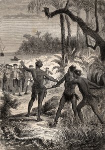 Premier voyage (1768-1771) du capitaine James Cook (1728-1779) : tandis que Cook et dix marins naviguent sur la côte méridionale de la Nouvelle-Guinée, trois Indiens surgissent des bois en criant - illustration tirée de « Les grands marins du XVIIIe siècle - Unknown artist
