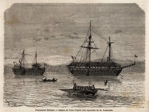 Pénitenciers flottants de Guyane française, une colonie dévolue à la captivité de ceux qui ont pris le contrôle des tribunaux et des hommes qui devaient rester. Gravure pour illustrer le voyage en Guyane française en 1862-1863, par Frédéric Bouyer, capitai - Unknown artist