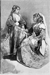 Folklore : femmes vêtues de costumes de mariage traditionnels, Sicile. Gravure du XIXe siècle