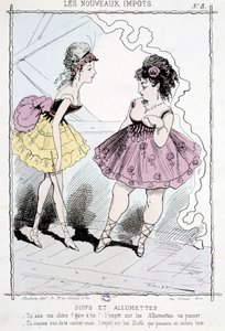 Suivis et allumettes : "Tu sais, chérie, méfie-toi, la taxe sur les allumettes va passer ! Tu ne la cacheras pas non plus, la taxe sur les suivis qui passera en même temps !" - caricature sur les "nouvelles taxes"