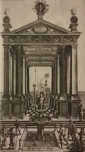 Fontaine avec chérubin et temple, gravure, frontispice du Grand Art d