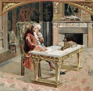 François-Marie Arouet de Voltaire dit Voltaire (1694-1778), âgé de 23 ans au château de Sully-sur-Loire. Chromolithographie de la fin du XIXe siècle