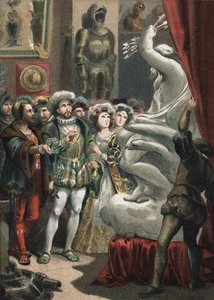 François Ier (1494-1547), roi de France, chez le sculpteur italien Benvenuto Cellini (1500-1571) gravure de 1881 dans « El Culto de la Hermosura » par Juan Justo Huguet, Molinas Hermanos éditeurs