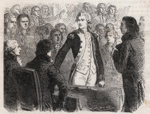 Révolution française : le général Gilbert du Motier de La Fayette démissionnant du commandement de la Garde nationale - Gravure dans « Le Monde Illustré »