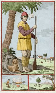Boucanier français de Saint-Domingue (Haïti). Gravure dans « Histoire des Aventuriers Flibustiers et Boucaniers Signalés Dans Les Indes » par Alexandre Olivier Exquemelin (1645-1710).